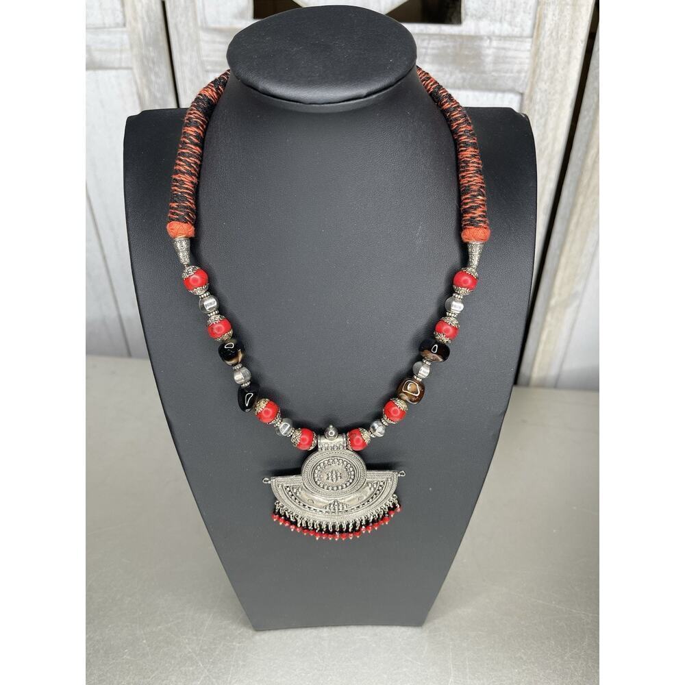 Antique Vintage Rajasthani India Collar Necklace Boho Red Back Woven
